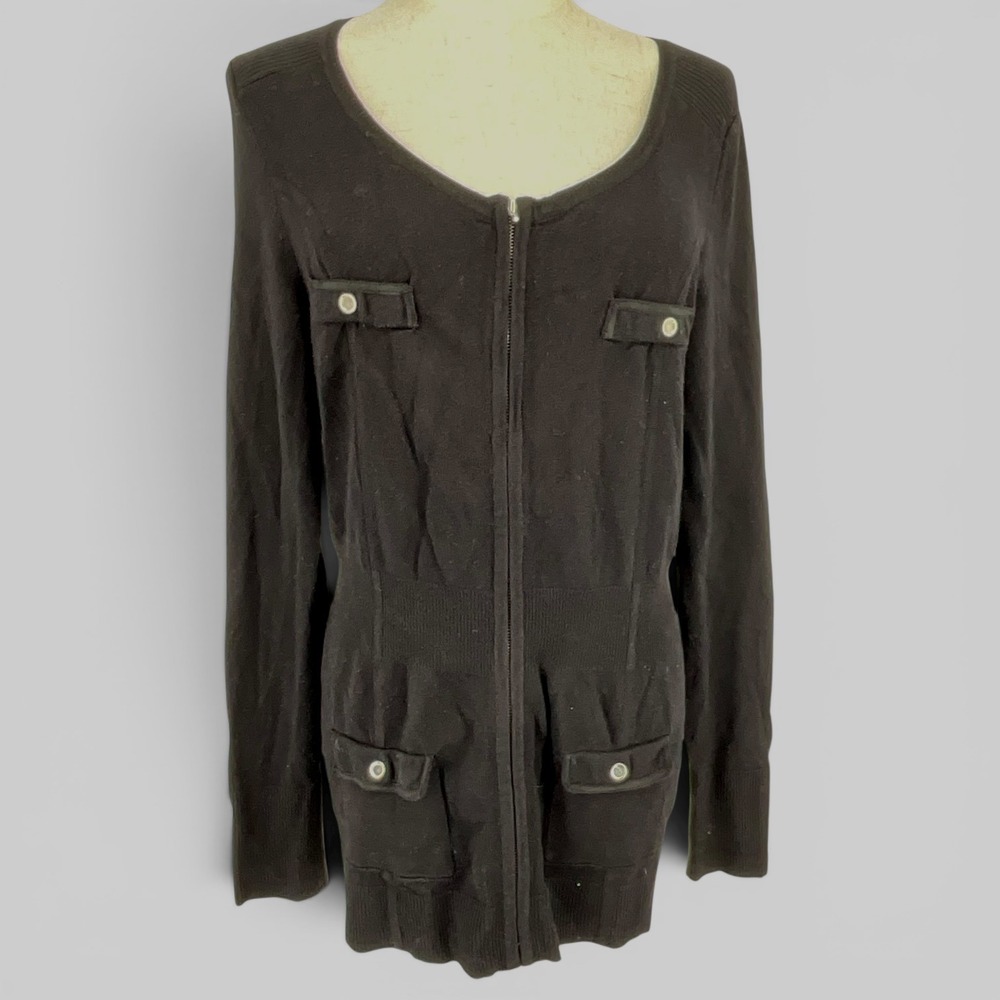 White House Black Market Black Zip Front Cardigan Sweater Silver Button Pocket L
